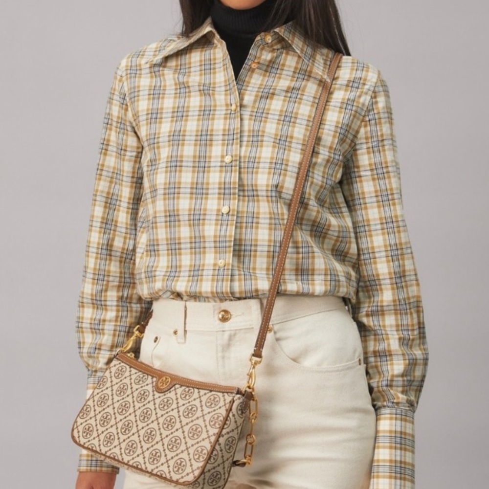NWT TORY BURCH T Monogram Studio Bag Hazelnut Woven Jacquard/Leather - Picture 4 of 9